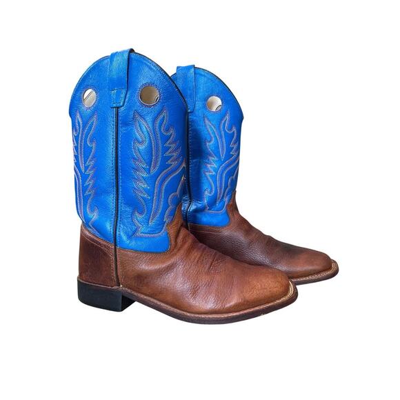 Old West BSY 1840 Cowboy Boots Brown Toe/Heel with Blue Shafts Size 6/7. - Picture 1 of 7